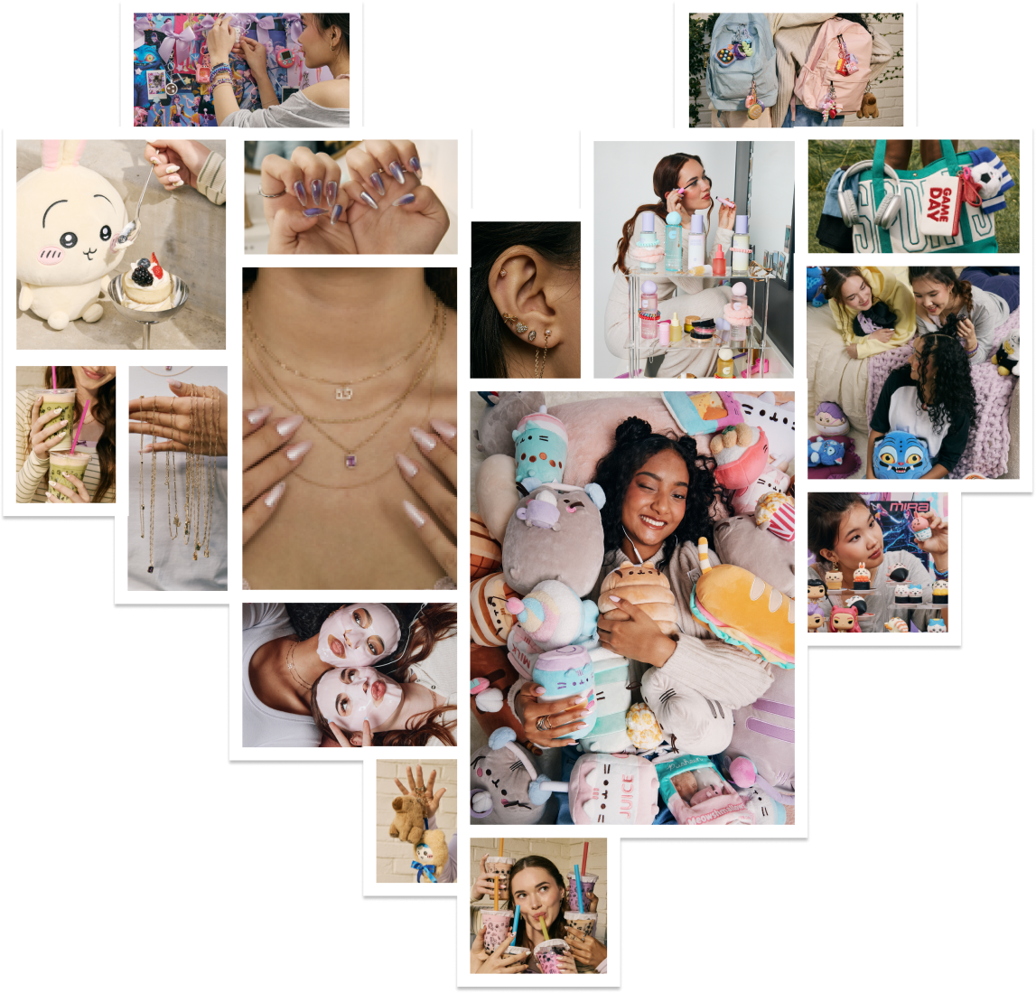 A heart made from photos of jewellery, plush toys, beauty and friends