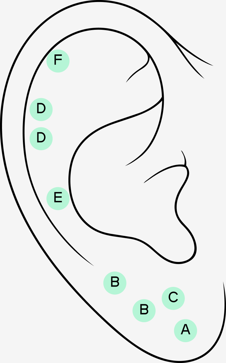 Diagram of an ear showing six piercing placements labelled A to F