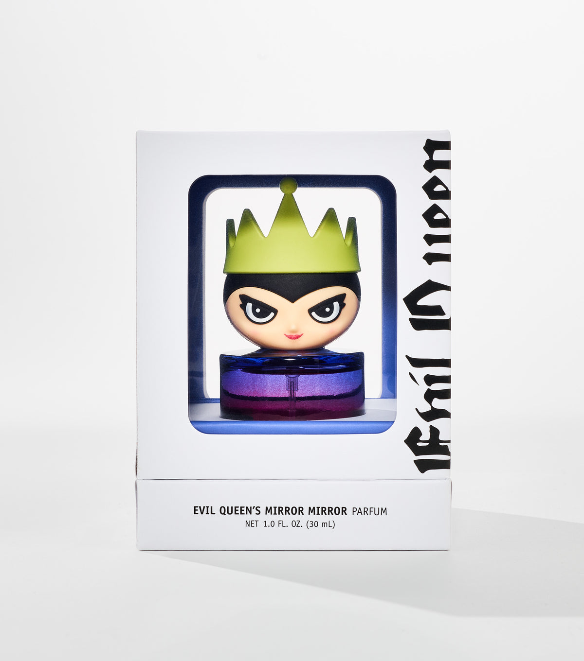 A white box with a window shows a purple gradient perfume bottle topped by a cartoon queen head with a green crown.