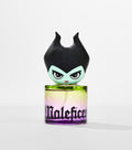 A cylindrical perfume bottle with a green-to-purple gradient and black gothic lettering, topped by a cartoon horned figure with pale green skin.