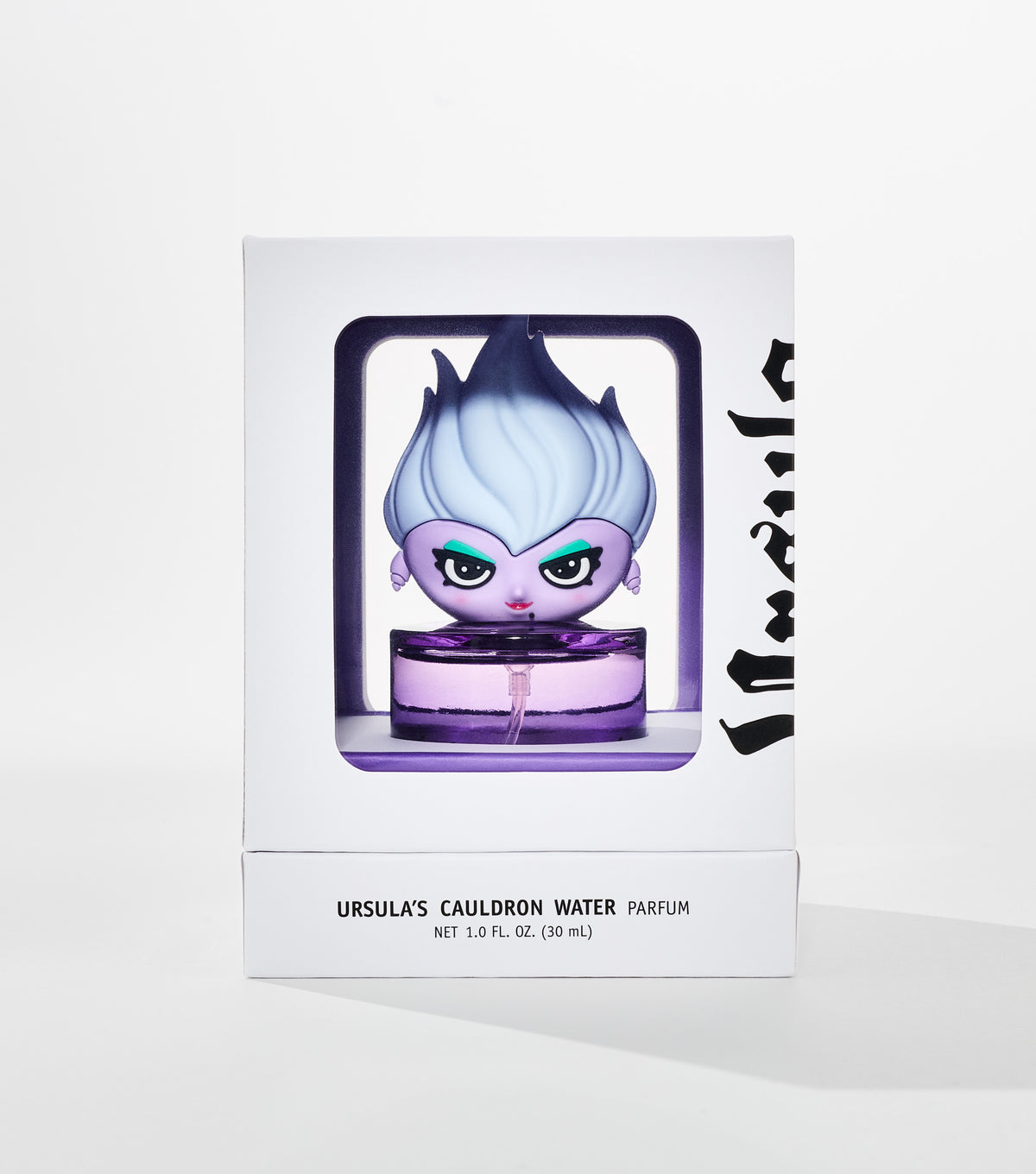 A white box with a window shows a purple perfume bottle topped by a cartoon figure with white-blue hair and green eyeshadow.