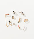Ten gold-toned earrings with black, red, and clear crystals, including a chain ear cuff, paw hoop, and lipstick stud, are arranged on white.