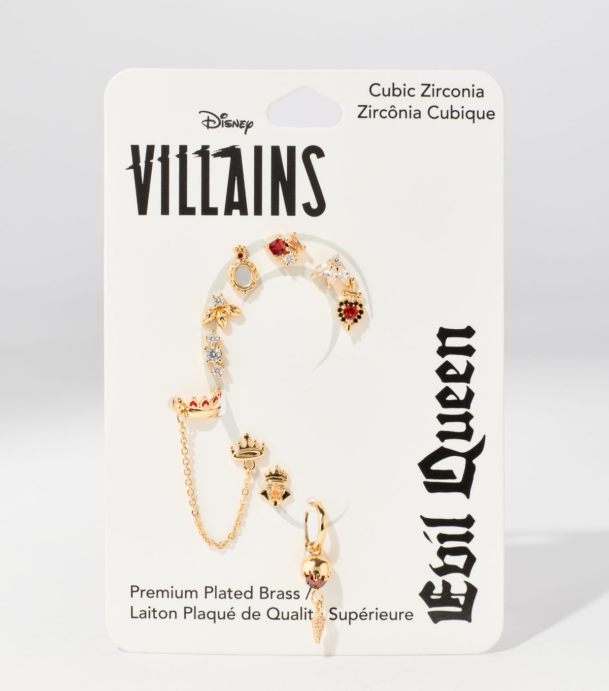 Gold-tone earring set with red and clear crystals, a mirror, crown charms and a chain, displayed on a white Disney Villains Evil Queen card.