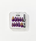 Clear case holding ten purple almond-shaped press-on nails with gold drip tips, heart outlines, and small jeweled charms, labeled Disney Villains Evil Queen.