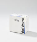 A white square product box with a blue edge, Disney Villains logo, and black gothic "Evil Queen" lettering stands on a plain background.