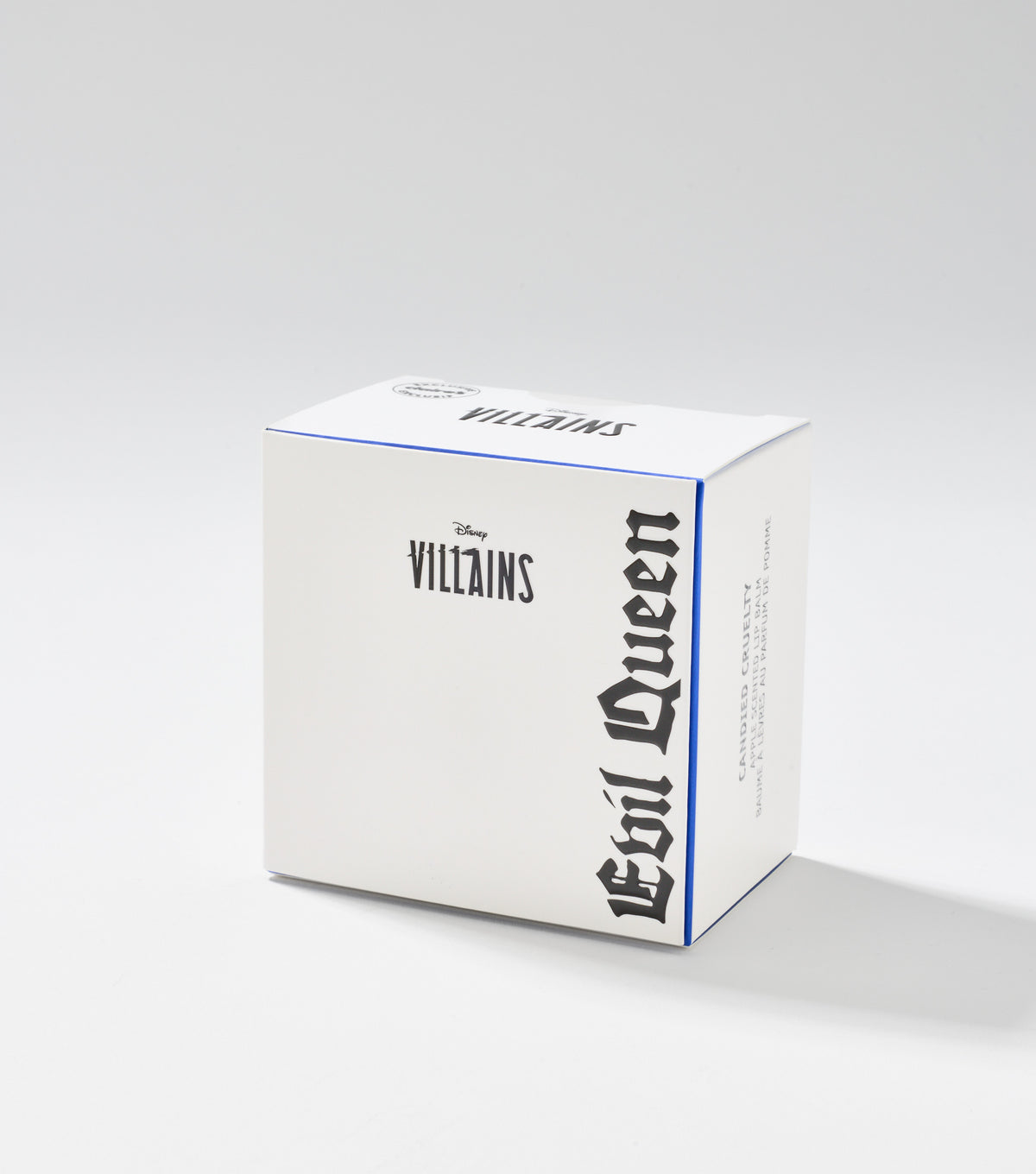 A white square product box with a blue edge, Disney Villains logo, and black gothic "Evil Queen" lettering stands on a plain background.