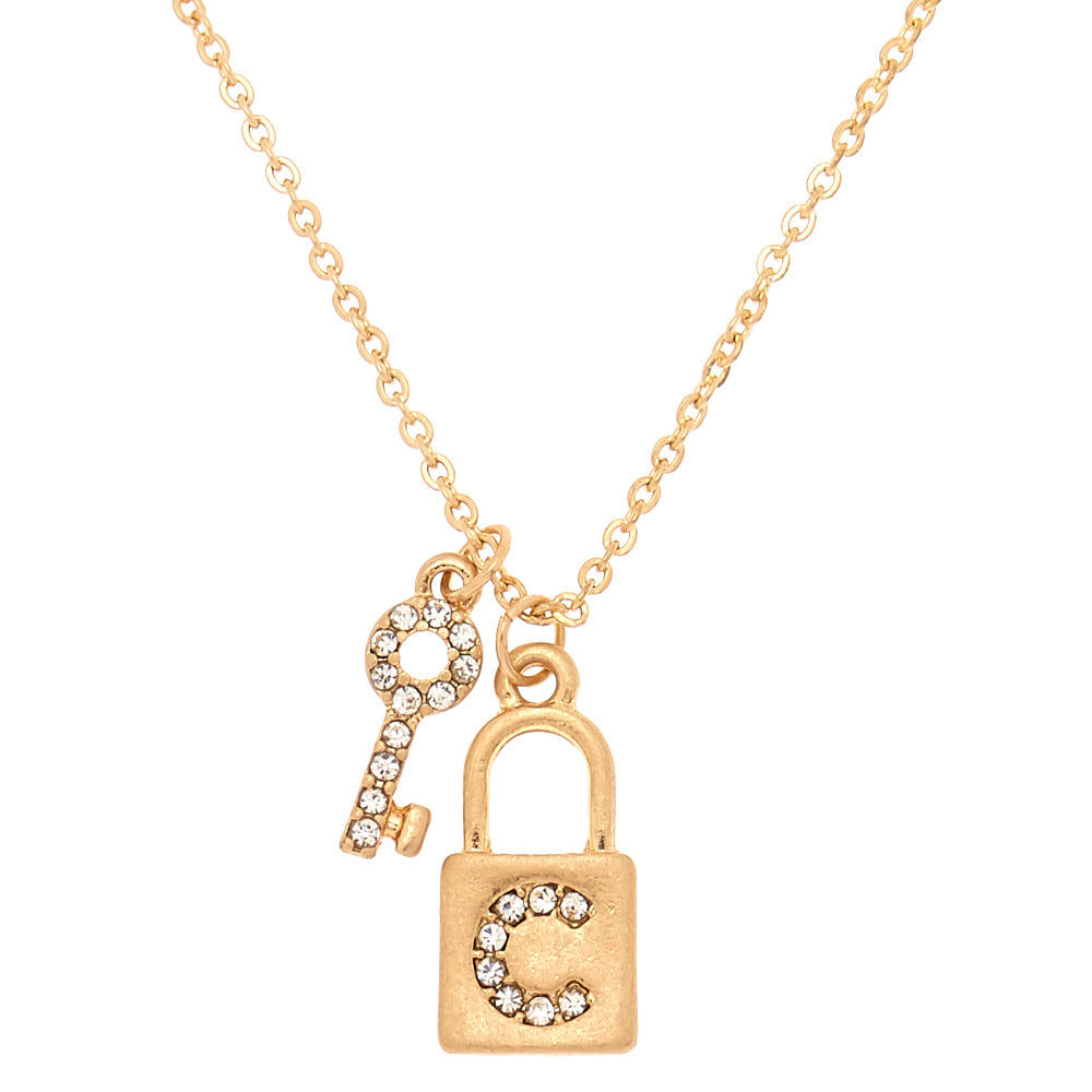 Gold Lock & Key Initial Pendant Necklace - C,