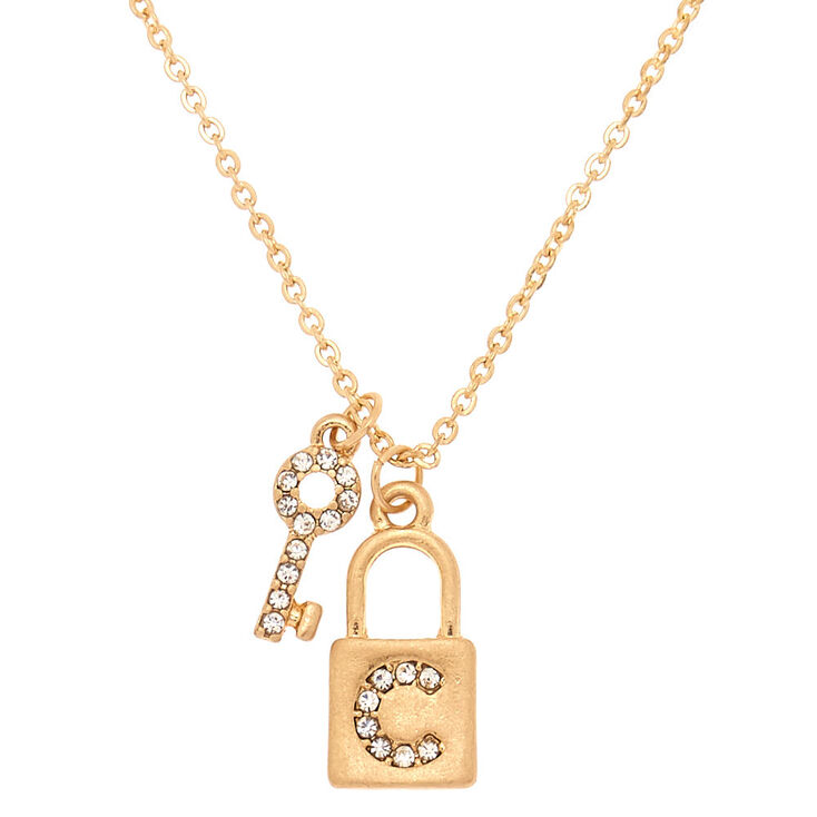 Gold Lock &amp; Key Initial Pendant Necklace - C,
