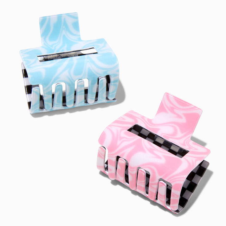 Black Checks Pink Swirls Rectangle Hair Claws - 2 Pack,