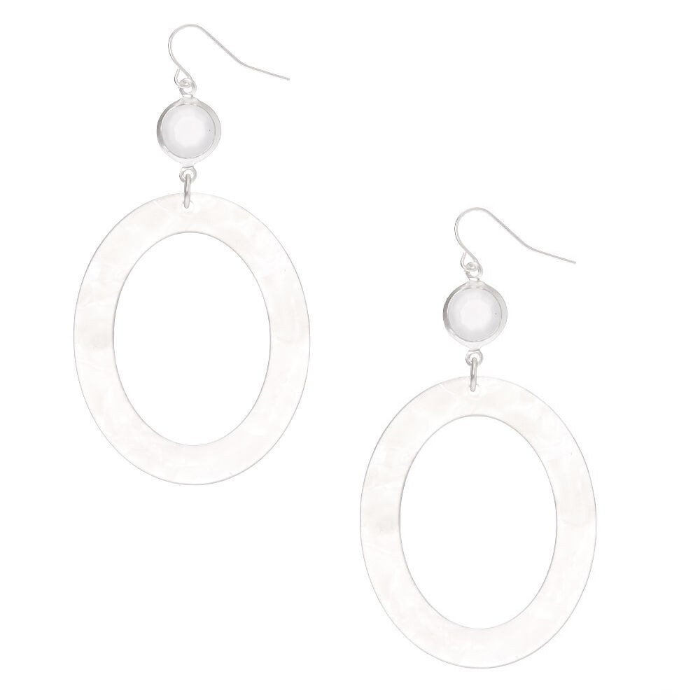 Silver 2.5" Oval Resin Drop Earrings - White,
