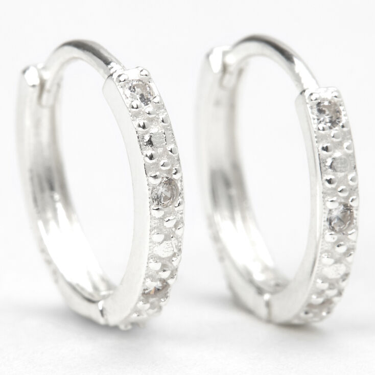 Sterling Silver Cubic Zirconia 10mm Textured Clicker Hoop Earrings,