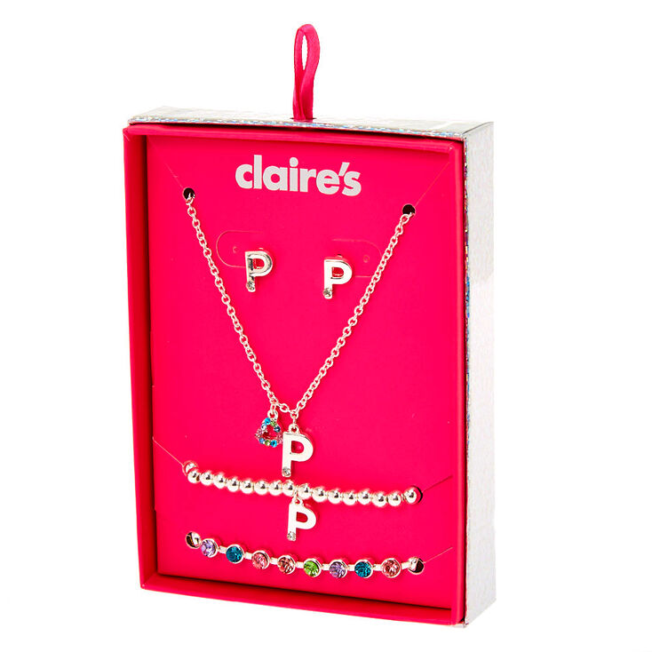Claire's Coffret cadeau parure de bijoux à initiale P arc-en-ciel couleur argenté - Lot de 4
