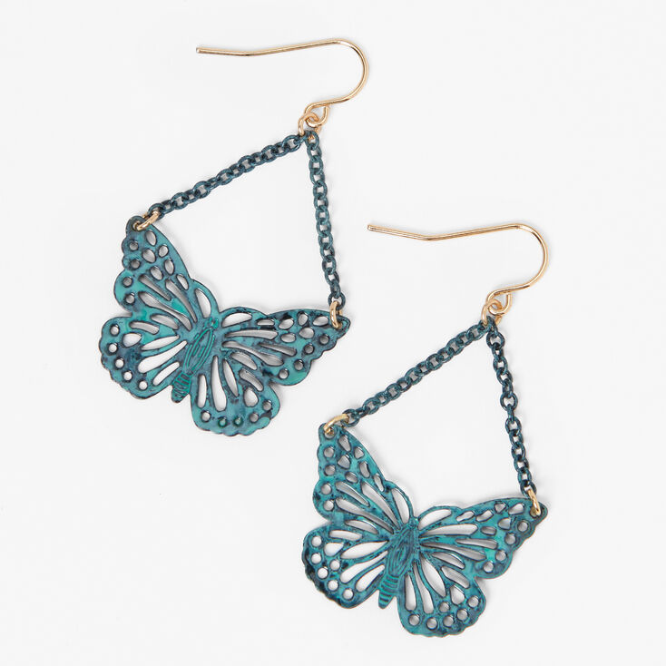 Bronze Patina 2&quot; Filigree Butterfly Drop Earrings,