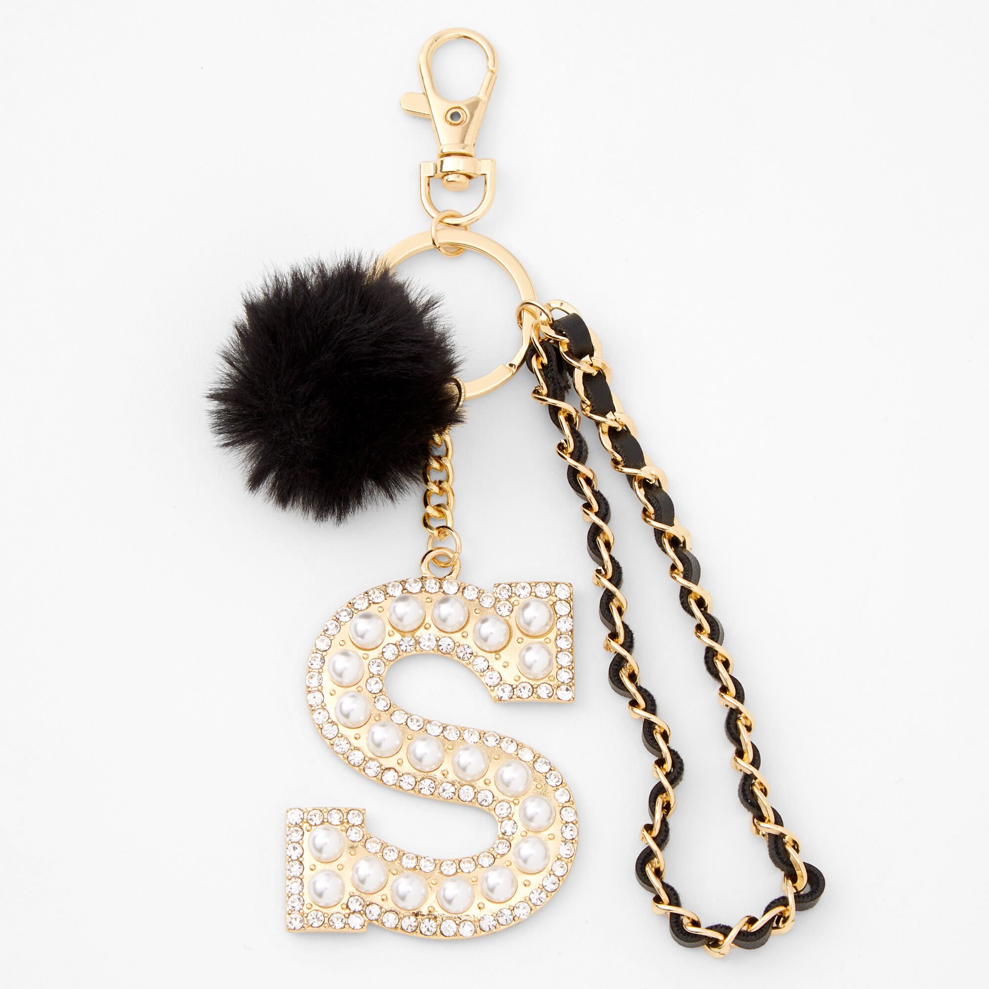 Gold Bling Initial Pom Pom Keychain - Pink, E