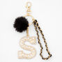Gold Bling Initial Pom Pom Keychain - Black, S,