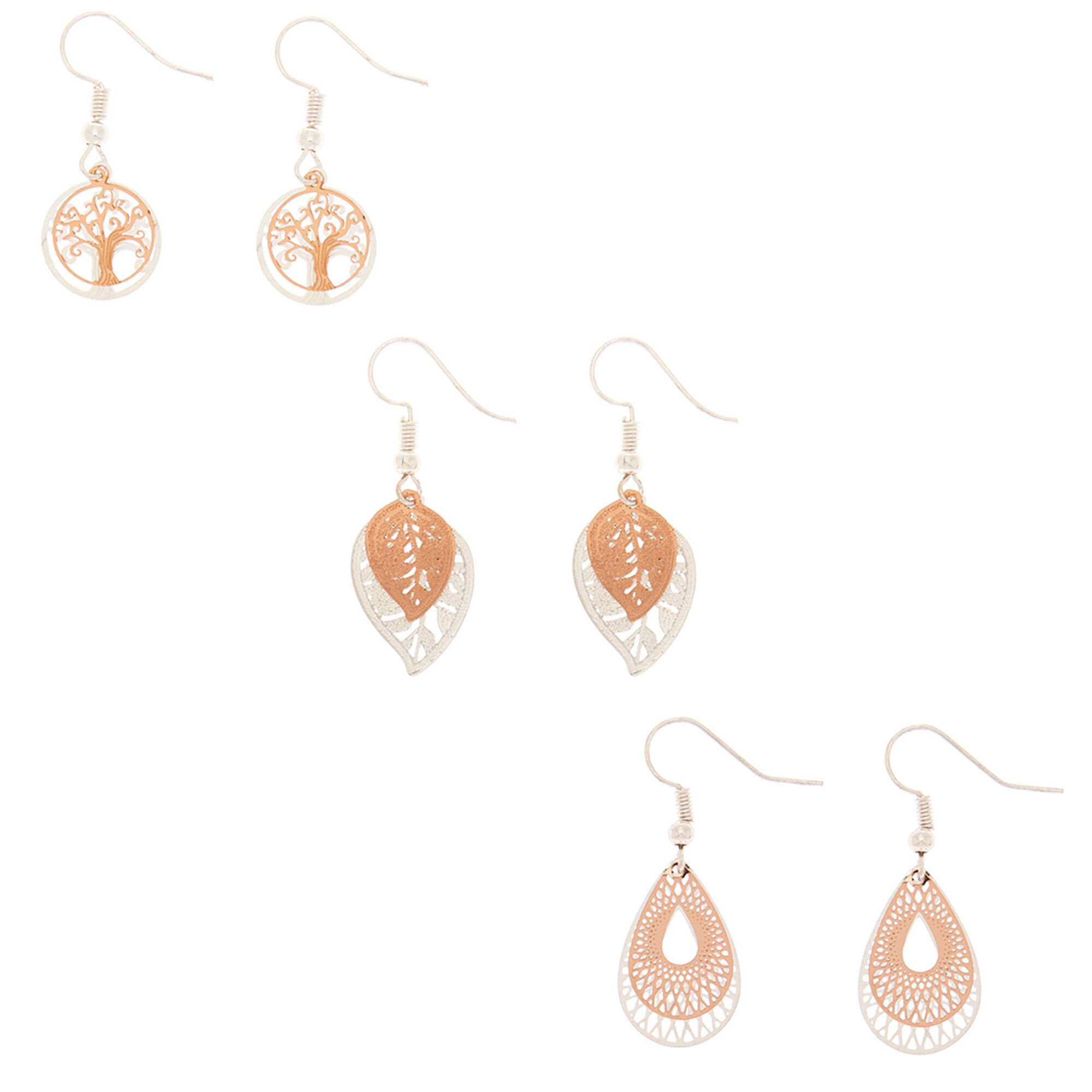 View Claires Mixed Metal Filigree Drop Earrings 3 Pack Rose Gold information