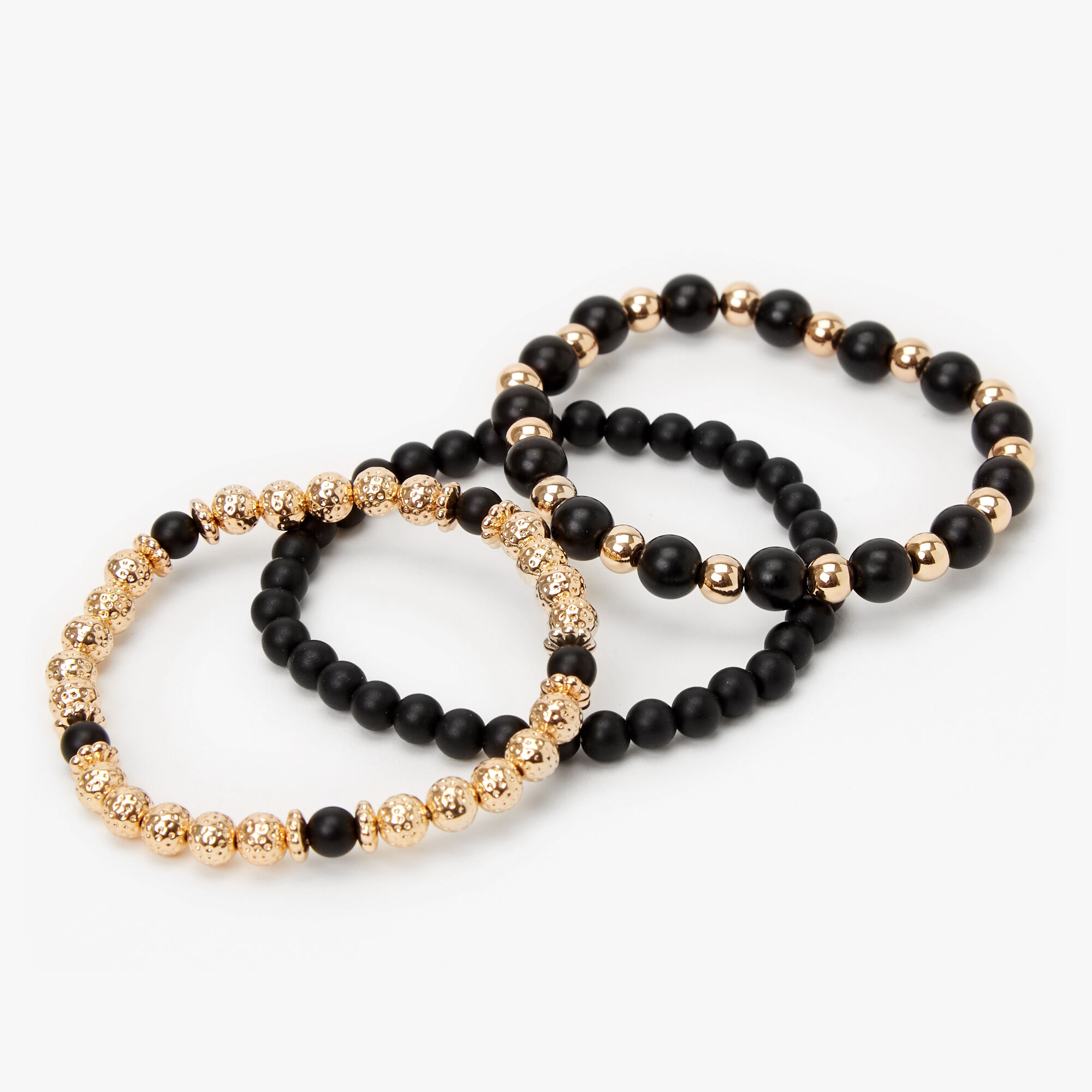 Black & Gold Matte Beaded Stretch Bracelets - 3 Pack,