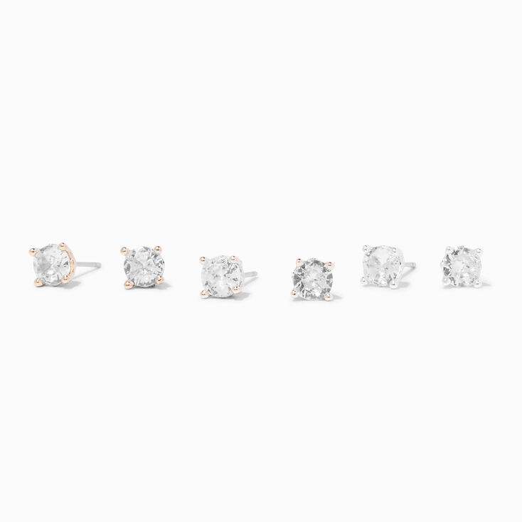 Mixed Metal 5MM Cubic Zirconia Round Stud Earrings - 3 Pack,