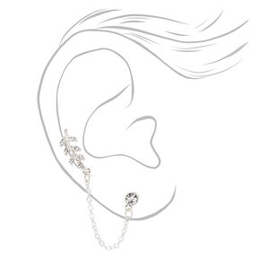 Silver Crystal Leaf Connector Chain Stud Earrings,
