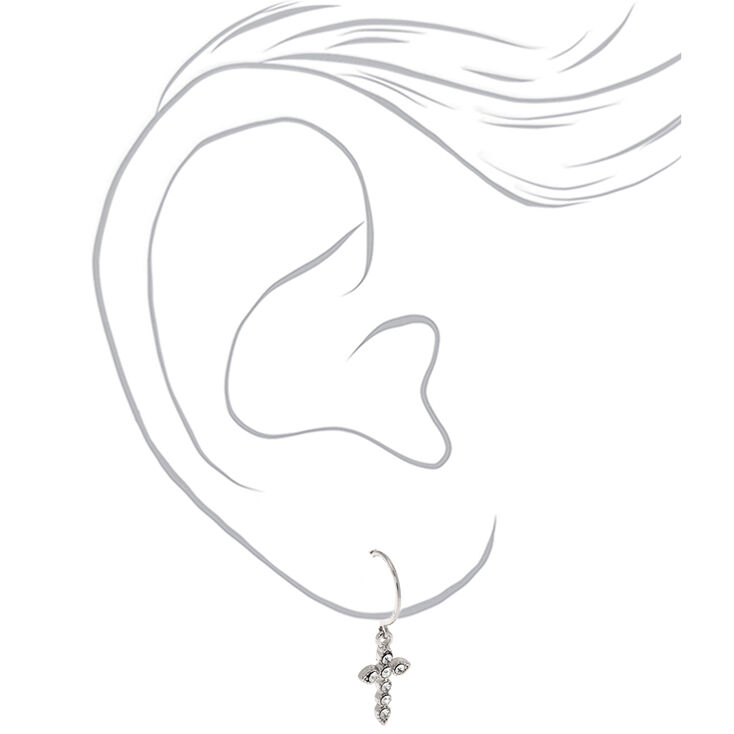 Silver 10MM Cross Huggie Hoop Earrings,