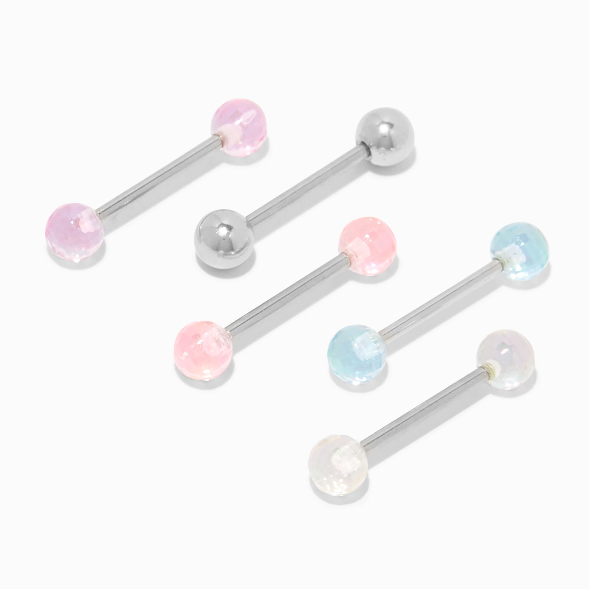 View Claires Disco Ball 14G Barbell Tongue Rings 5 Pack Silver information