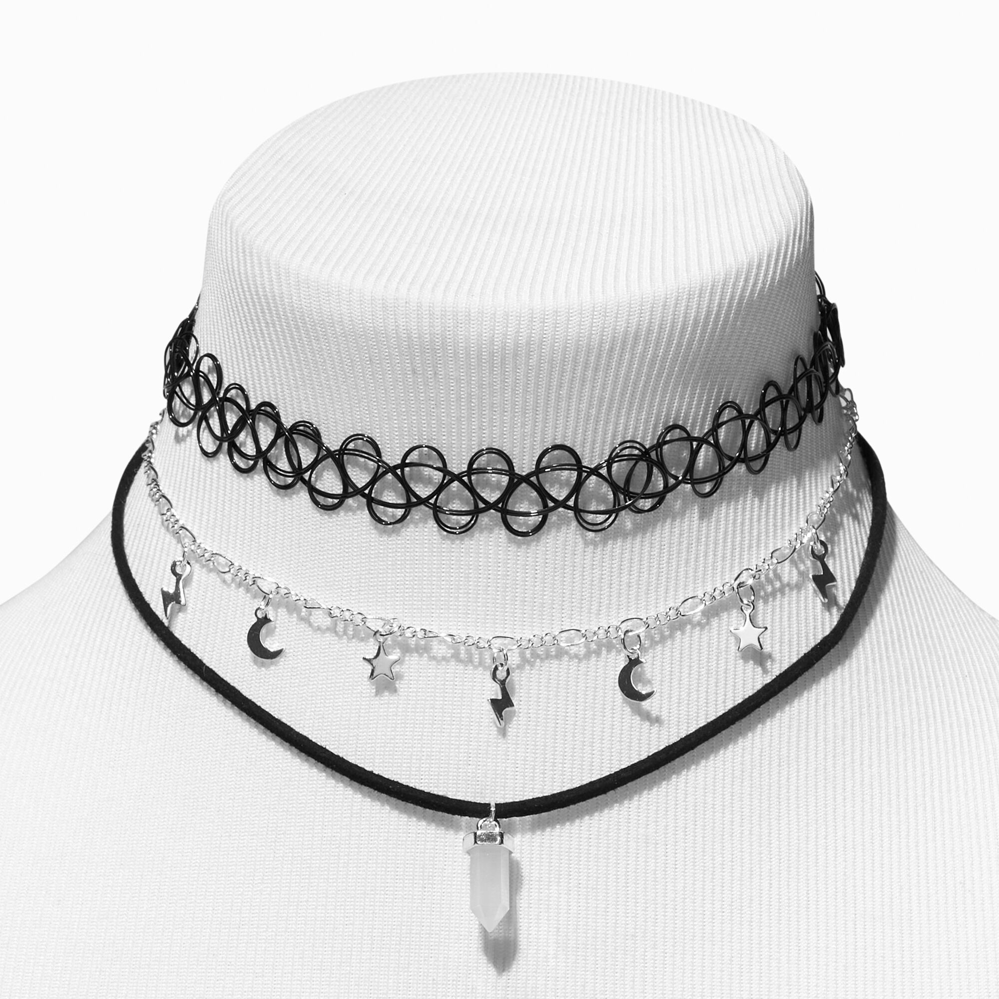 View Claires Mystical Gem Celestial Black Tattoo Choker Necklaces 3 Pack White information
