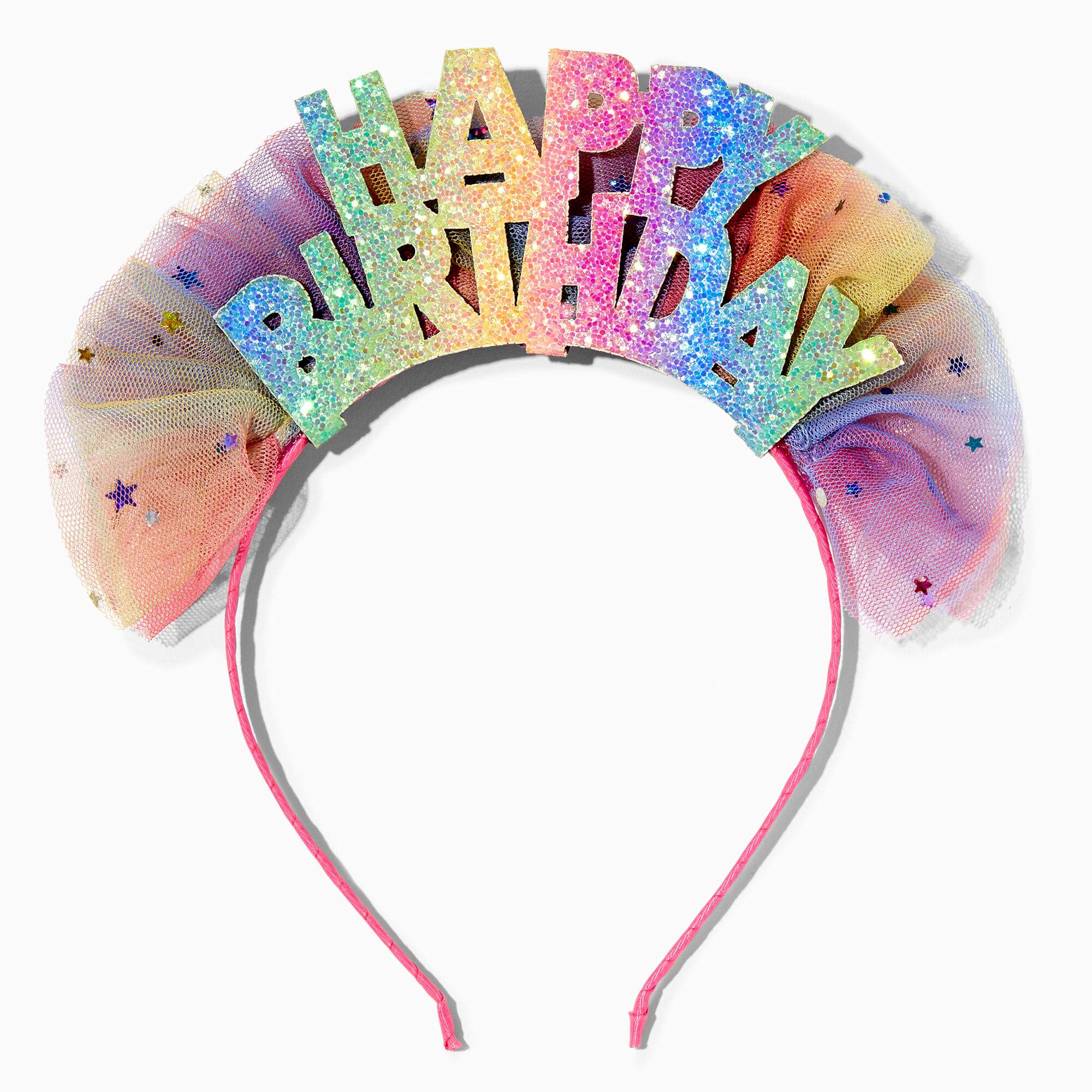 View Claires Club Happy Birthday Glitter Tulle Headband Rainbow information