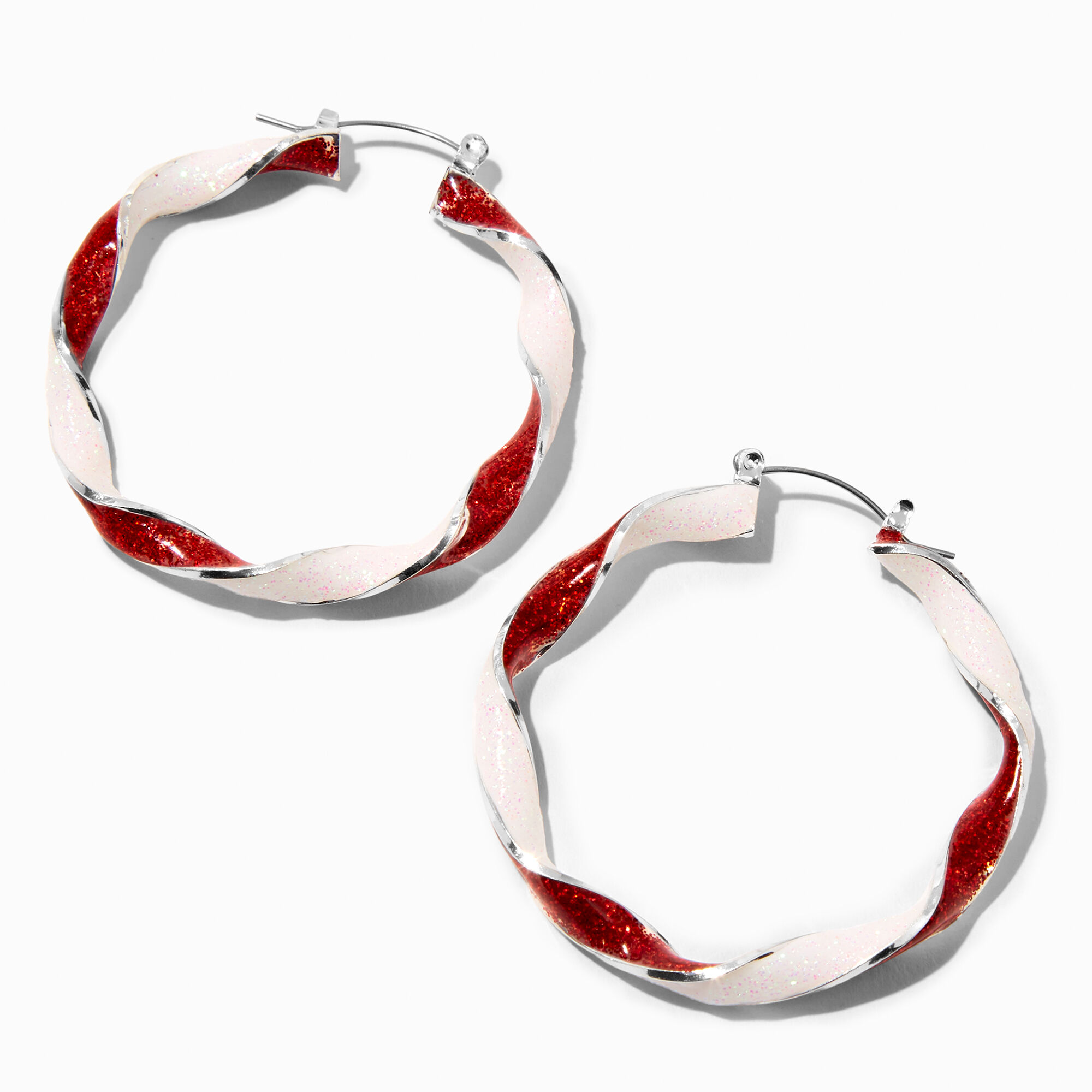 View Claires Candy Cane Twist Glittery Hoop Earrings information