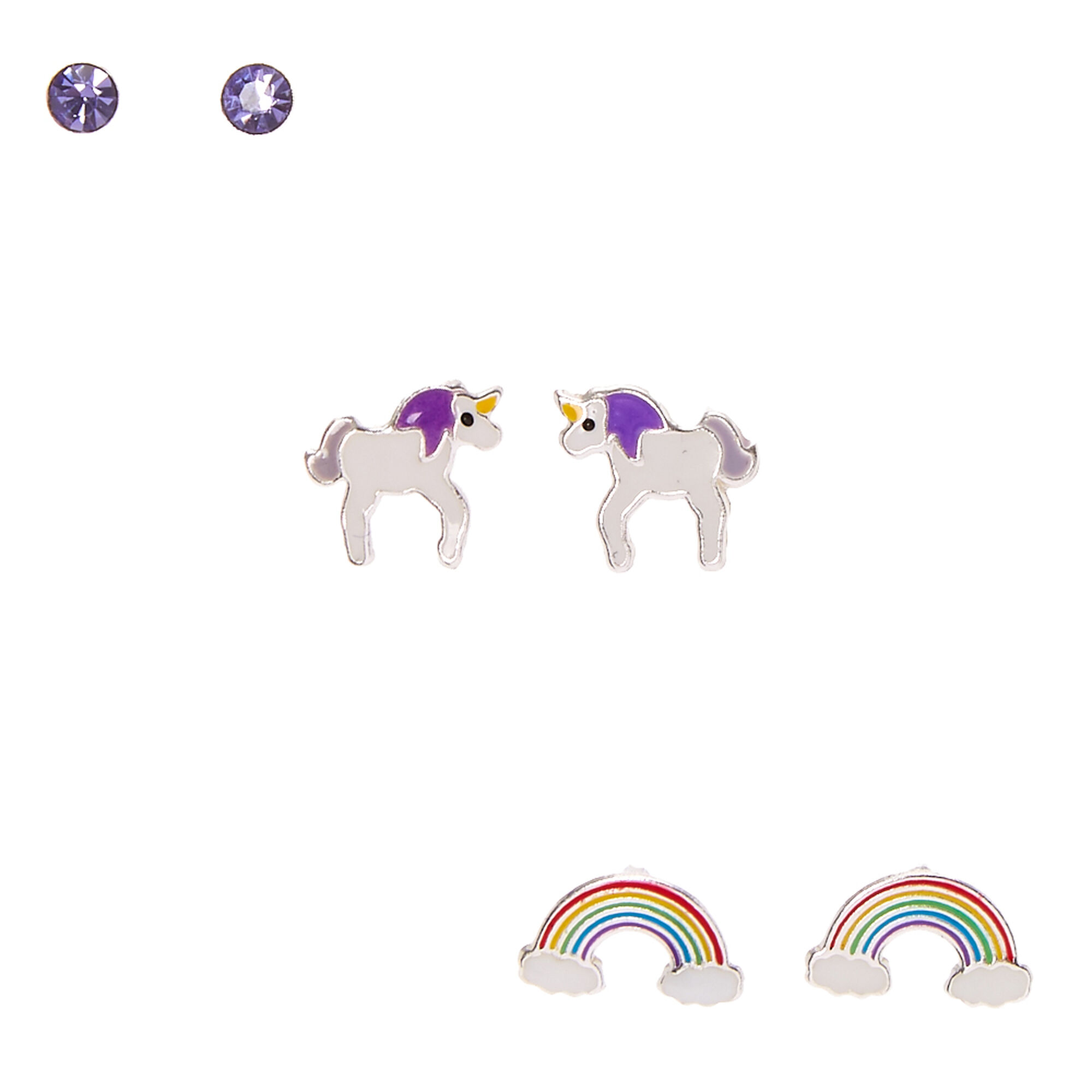 View Claires Rainbow Unicorn Dreams Stud Earrings 3 Pack Silver information