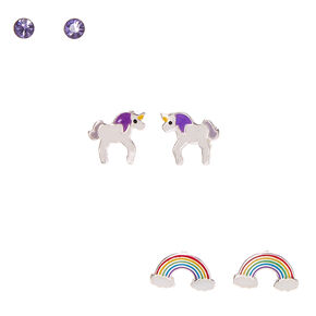 Sterling Silver Rainbow Unicorn Dreams Stud Earrings - 3 Pack,