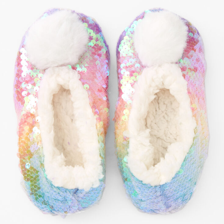 Claire&#39;s Club Sequin Plush Pom Pom Youth Slippers - Purple, S/M,