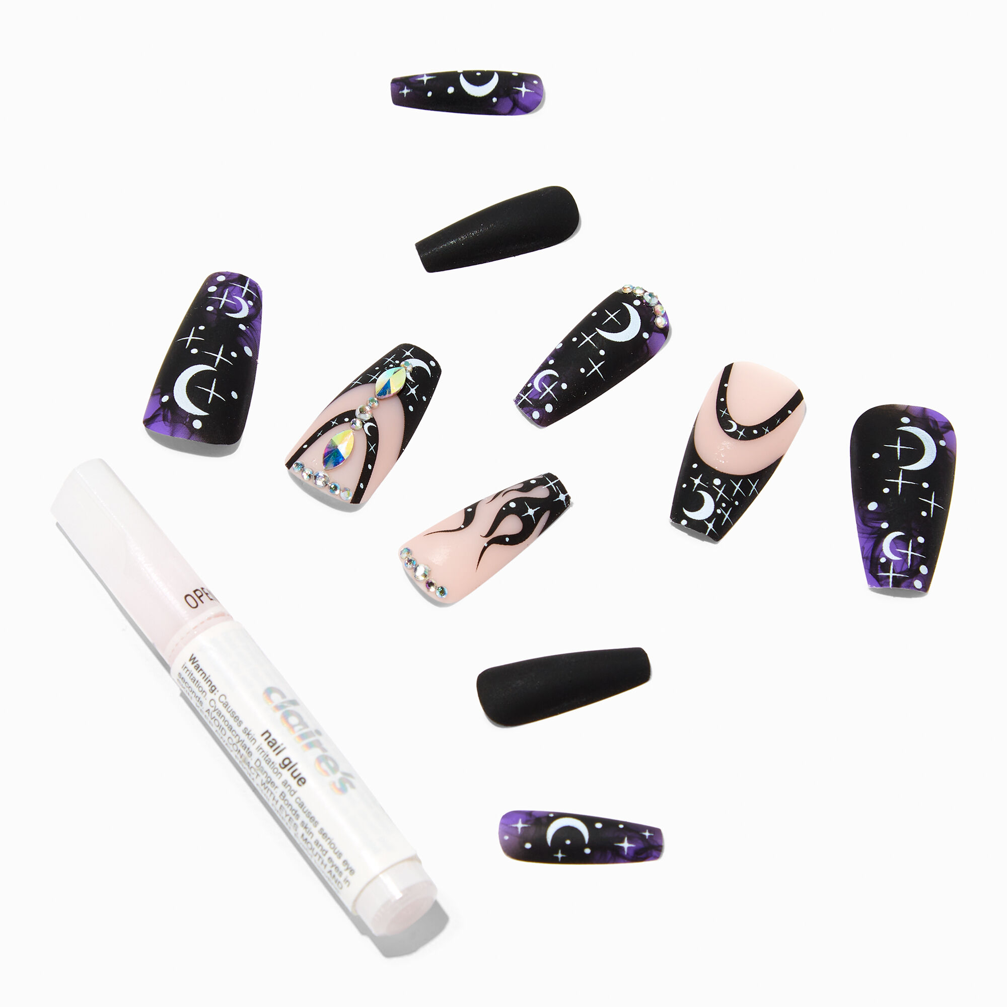 View Claires Purple Celestial Bling Squareletto Vegan Faux Nail Set 24 Pack Black information