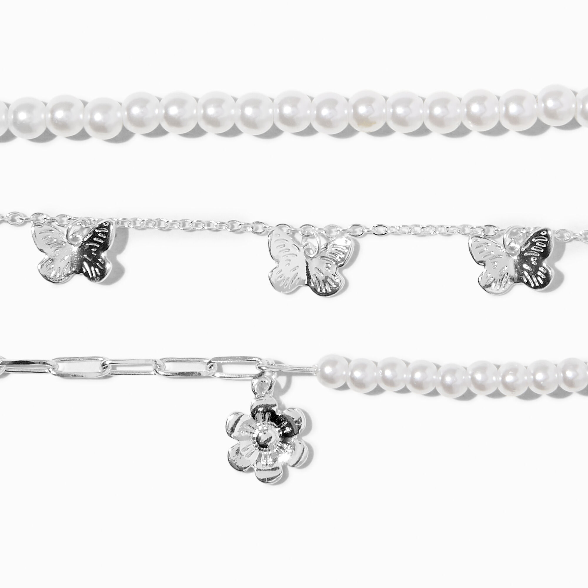 Claire's Club Silver Pearl Butterfly Chain Bracelets - 3 Pack,