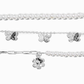 Claire&#39;s Club Silver Pearl Butterfly Chain Bracelets - 3 Pack,