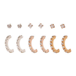 Mixed Metal Crystal Hoop &amp; Stud Earrings - 6 Pack,