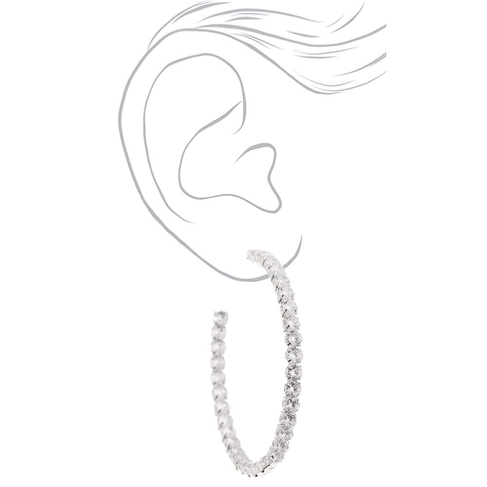 Silver 60MM Cubic Zirconia Hoop Earrings,