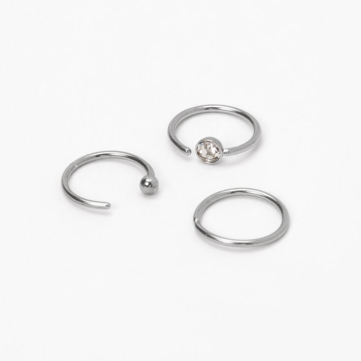20G Silver-tone Stainless Steel Crystal Ball Nose Rings - 3 Pack,
