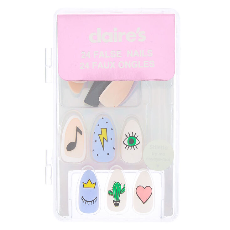Matte Doodle Print Stiletto Faux Nail Set - 24 Pack,