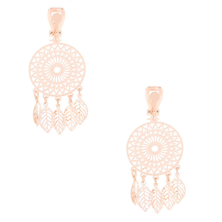 Rose Gold 1&quot; Dream Catcher Clip On Drop Earrings,