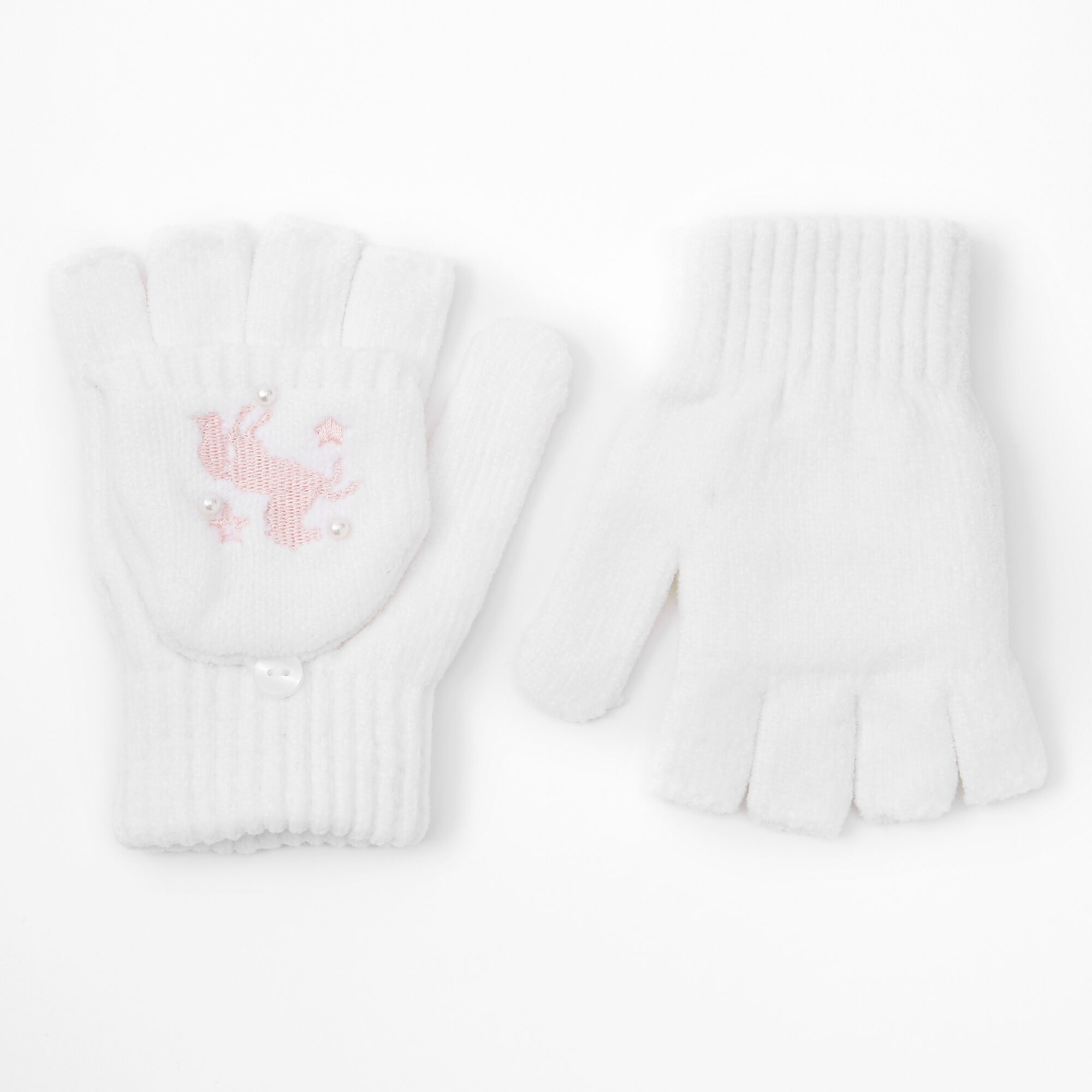 Unicorn Fingerless Gloves With Mitten Flap - White,