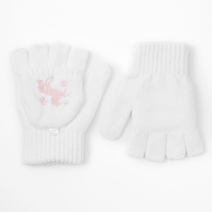Claire's Mitaines avec rabat moufle licorne - Blanc