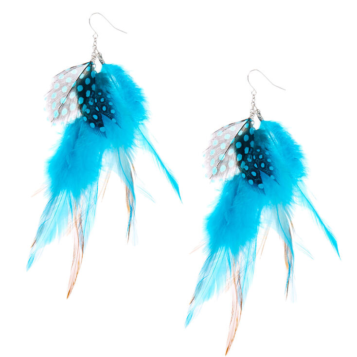 Silver 4.5&quot; Boho Feather Drop Earrings - Turquoise,