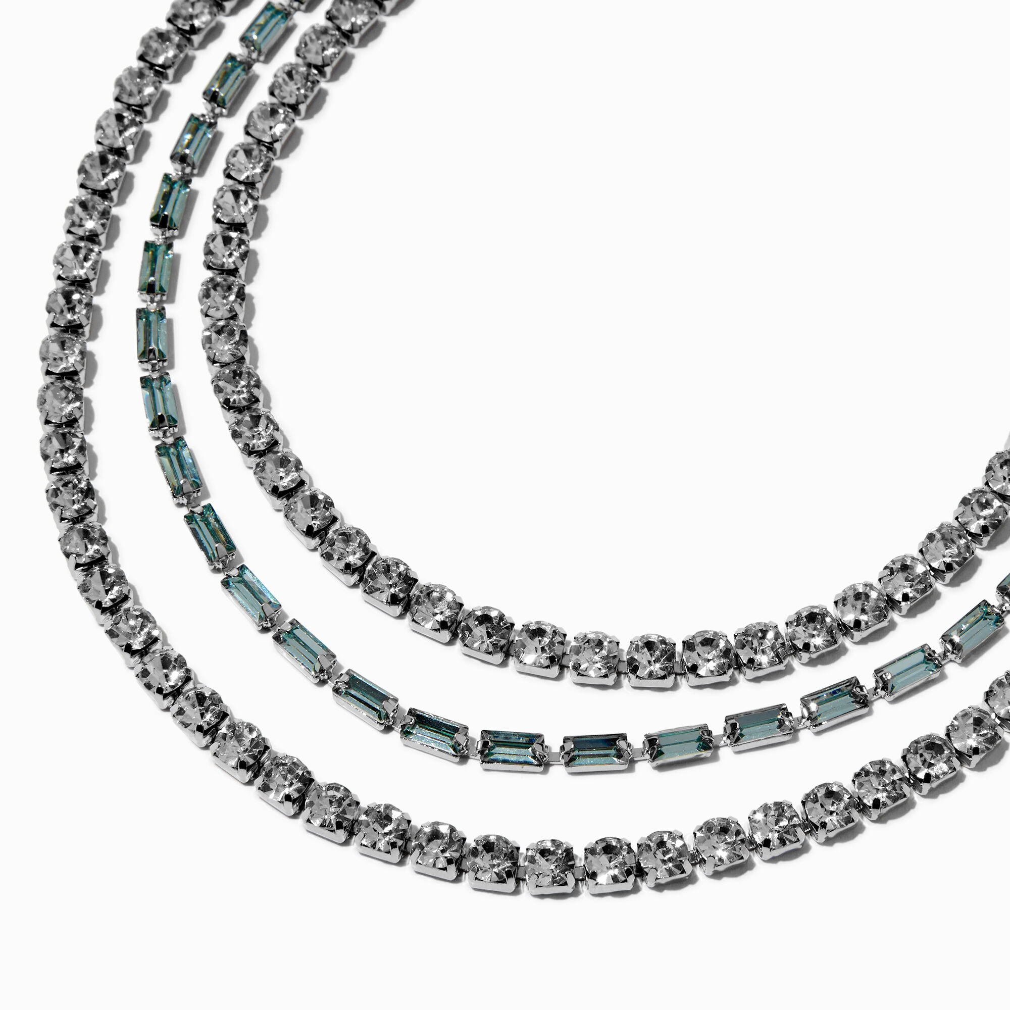 View Claires Baguette Crystal MultiStrand Necklace Light Blue information