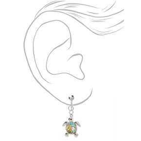 Silver 1&quot; Iridescent Scale Turtle Clip On Drop Earrings,