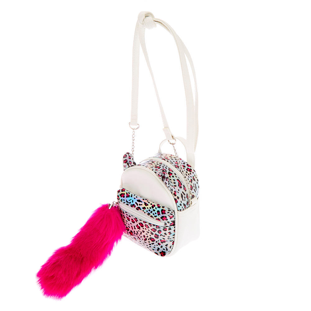 Holographic Leopard Cat Mini Backpack Crossbody Bag - White,
