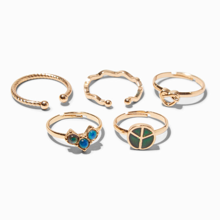 Gold-tone Mood Peace Sign Rings - 5 Pack ,