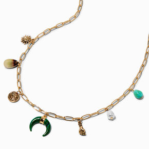 Gold-tone Malachite Horn Charm Necklace,