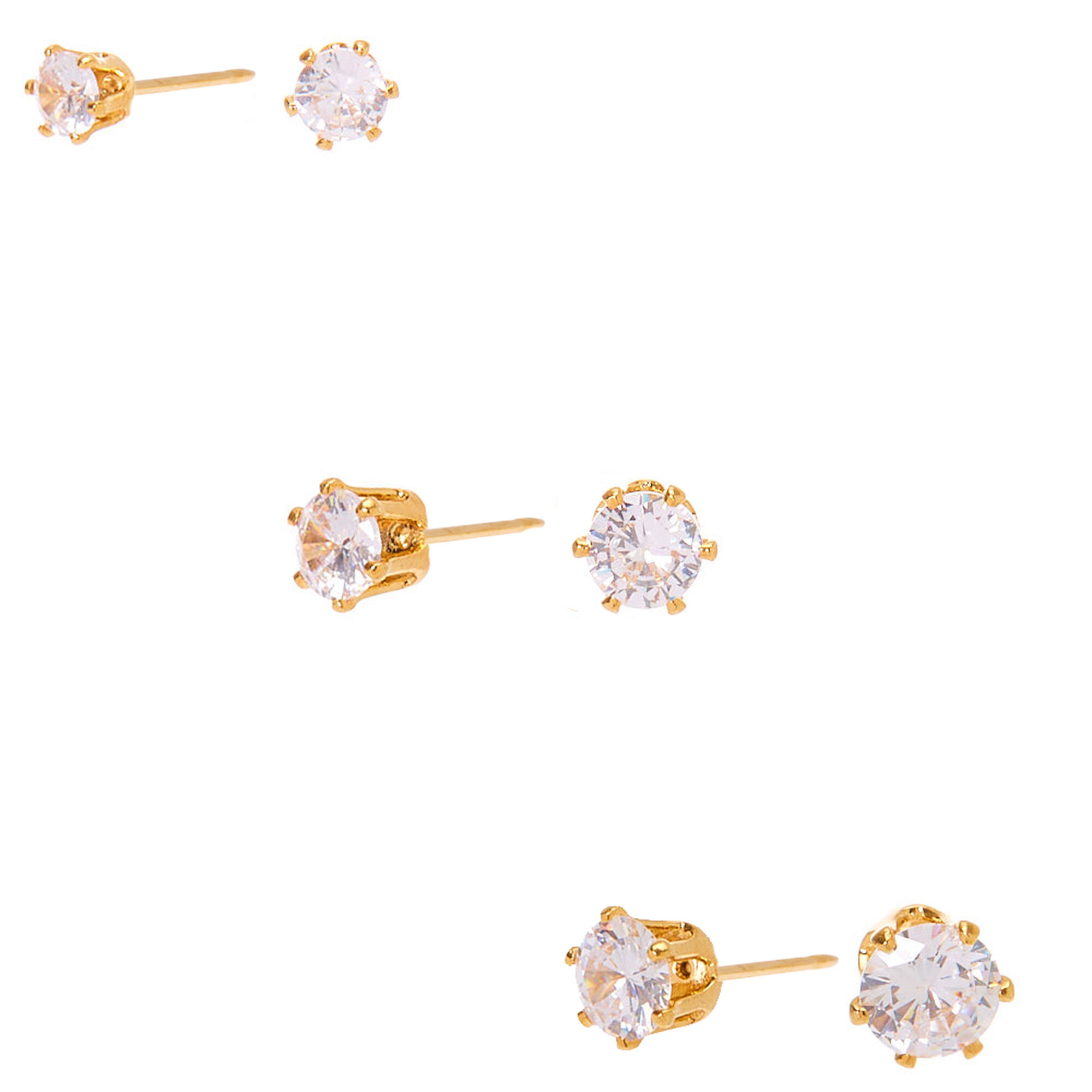View Claires 18Ct Plated Cubic Zirconia Medium Graduated Round Stud Earrings 3 Pack Gold information
