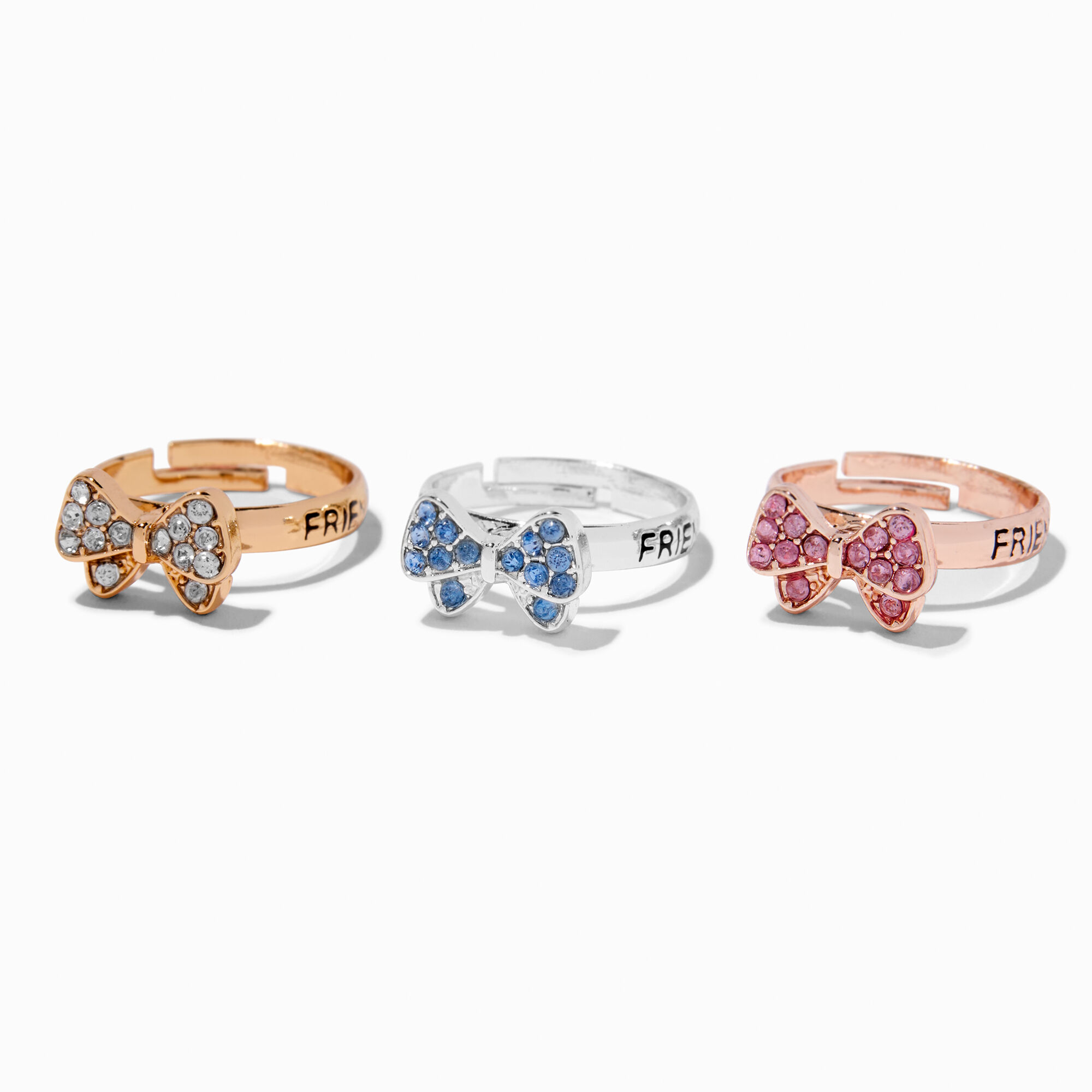 View Claires Mixed Metal Best Friends Embellished Bows Rings 3 Pack Rose Gold information