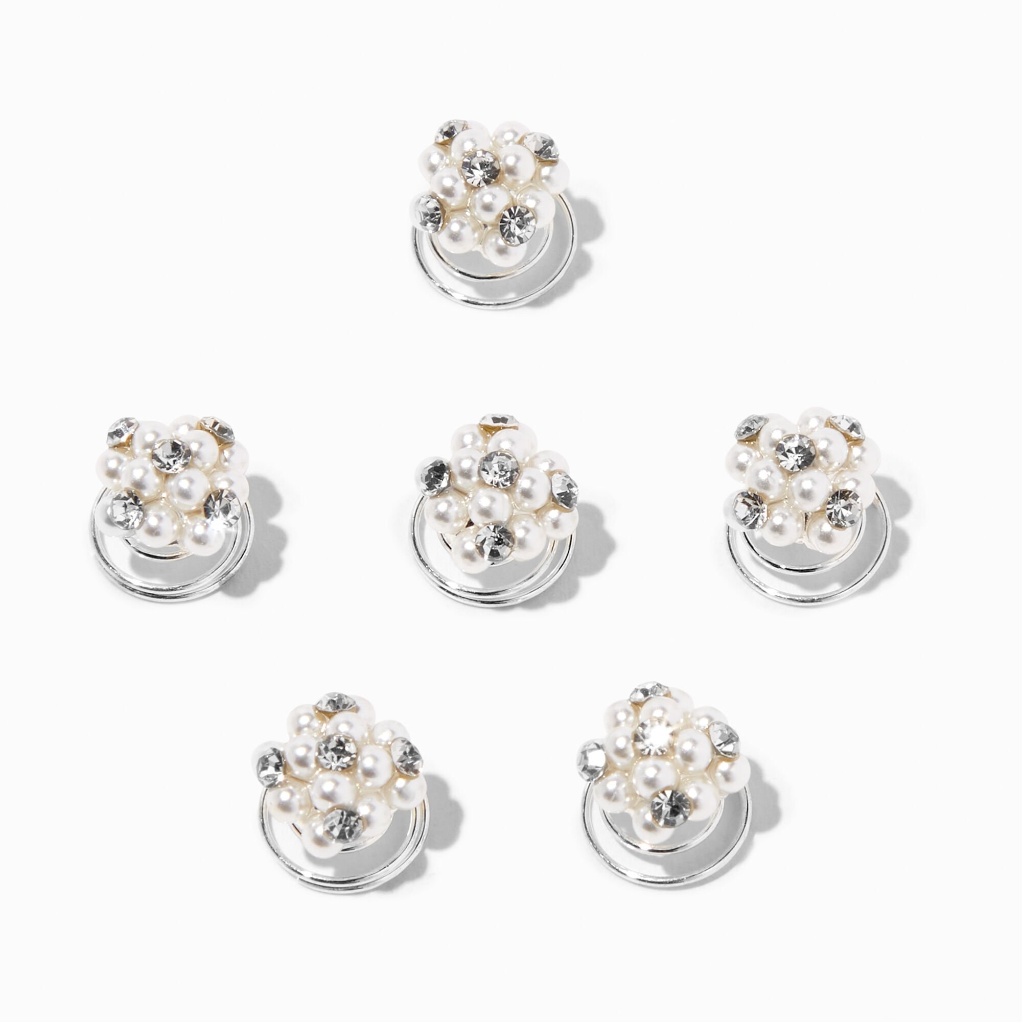 Silver Pearl & Rhinestone Cluster Hair Spinners - 6 Pack,